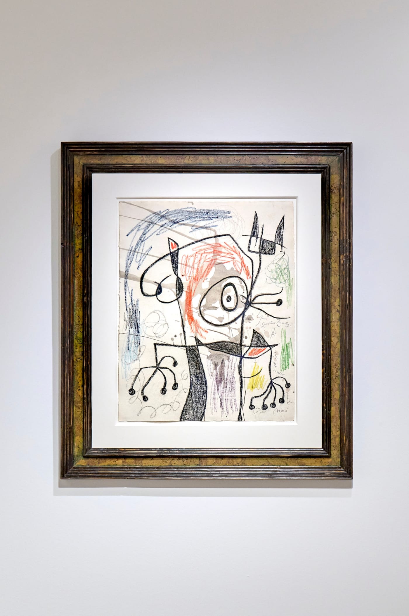 Joan Miró Personnage II, 1967-1972 signed, dated and dedicated lower right "Pour / Gustav Zumsteg, avec ma vieille amitié / IV/72. Miró. Titled and dated on the back: 10/I/72. /7/IX/67 / Personnage watercolour and wax crayon on paper 64 x 51 cm 25 1/4 x 20 1/8 in framed: 100 x 86 x 4 cm