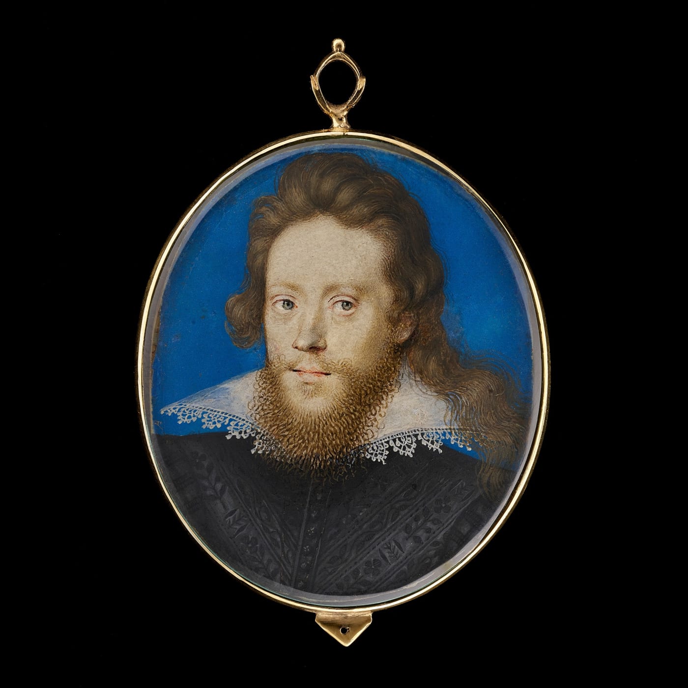 Isaac Oliver, Portrait of Thomas Fones (d. 1638), wearing black embroidered doublet and wide lace-edged standing collar, c. 1605