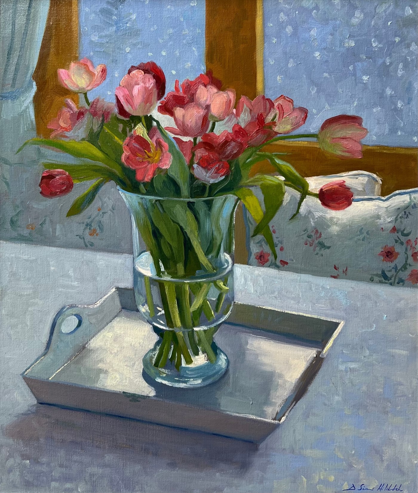 Daisy Sims Hilditch, 60. Tulips on the table, Spring snow, 2023