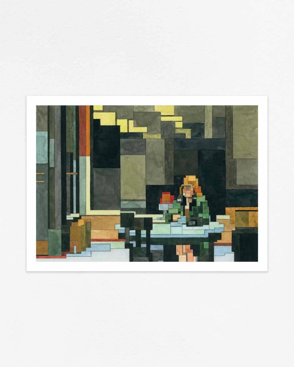 Adam Lister watercolor painting of Edward Hoppers Automat in 8-bit graphic style
