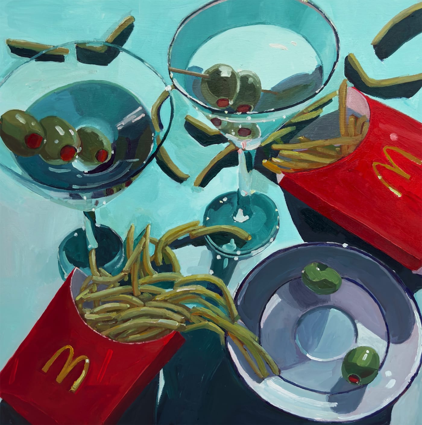Erika Lee Sears painting of Martinis on a blue table with McDonalds fries
