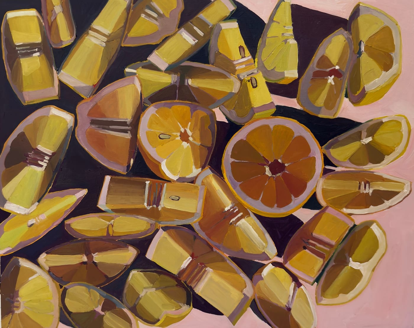 Erika Lee Sears oil painting of sliced lemons on a pink table