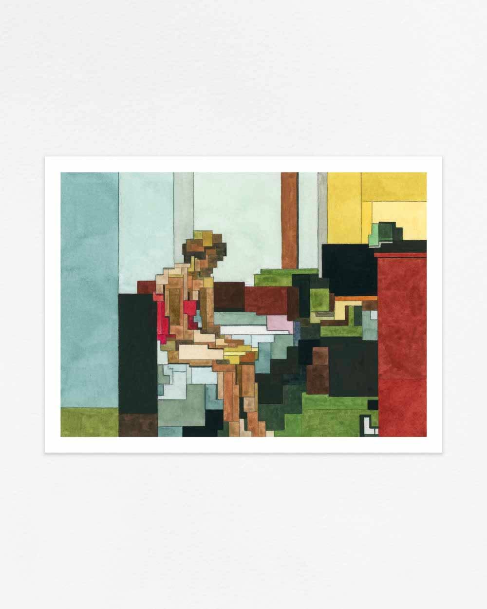 Adam Lister watercolor painting of Edward Hoppers Hotel Room in 8-bit graphic style