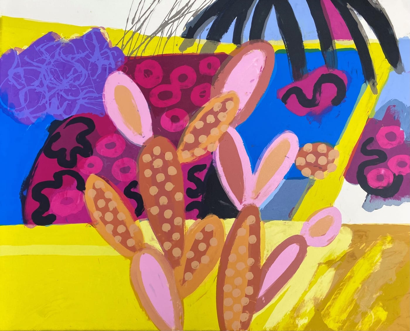 bright yellow blue pink with brown and pink cactus