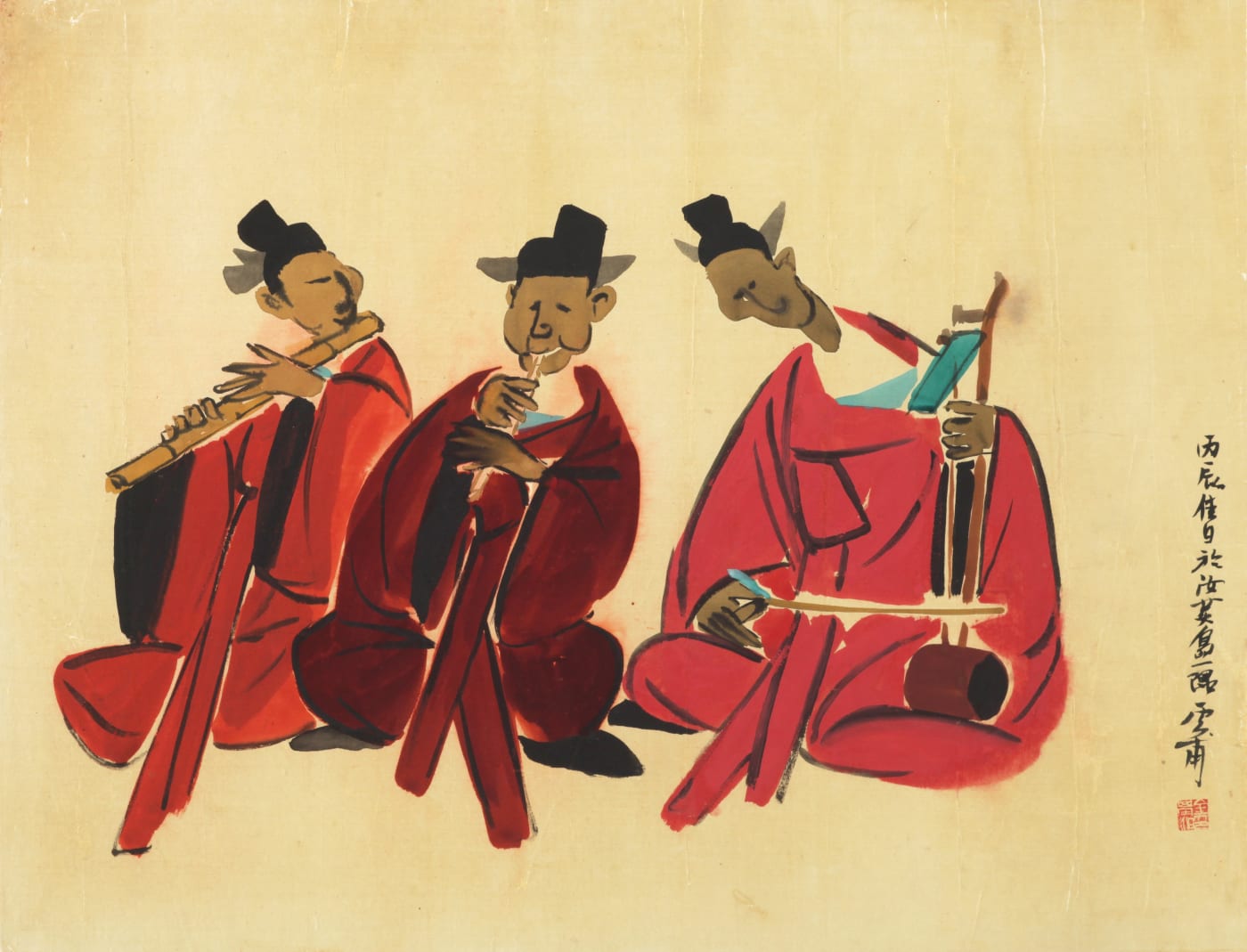 운보 김기창 Unbo Kim Ki Chang 세 악사 Three Musicians 1976 Color on silk 57 x 75 cm ©(재)운보문화재단