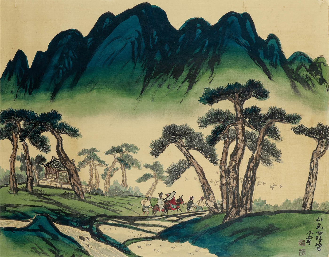 운보 김기창 Unbo Kim Ki Chang 신행 가는 길 Newlyweds Headed to the Groom’s House 1970s Ink and color on silk 104 x 133 cm ©(재)운보문화재단