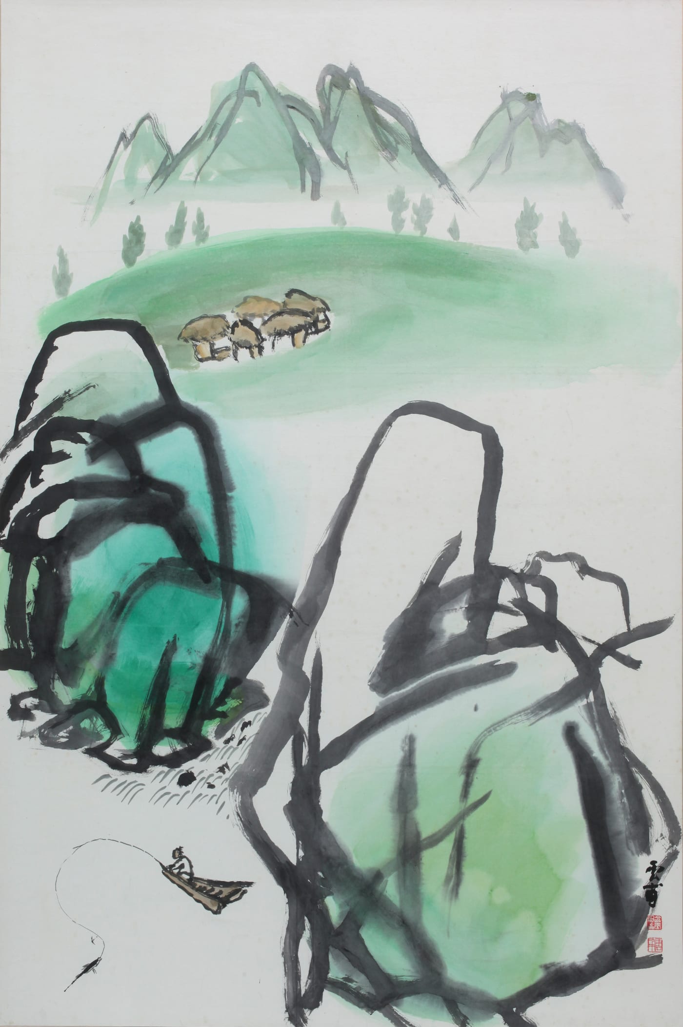 운보 김기창 Unbo Kim Ki Chang 강촌 江村 Riverside Village 1980s Ink and color on paper 180 x 120 cm ©(재)운보문화재단