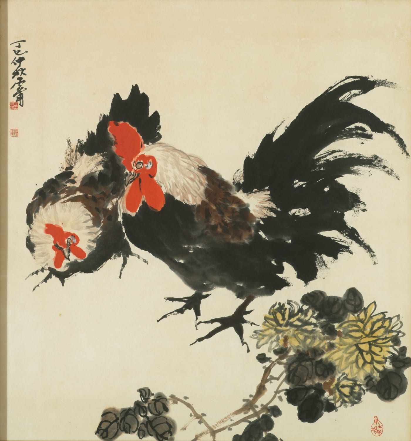 운보 김기창 Unbo Kim Ki Chang 바보화조 (국화와 닭) Chrysanthemum and Chickens in Babo Hwajo (Foolish Flowers and Birds Style) 1977 Ink and color on paper 66.5 x 62.5㎝ ©(재)운보문화재단