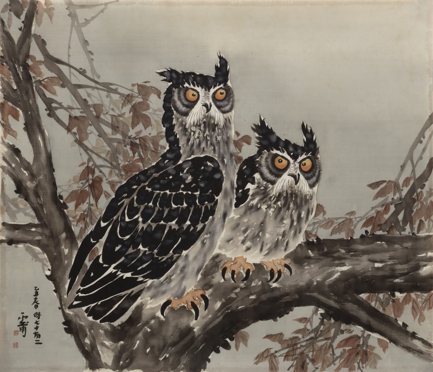 운보 김기창 Unbo Kim Ki Chang 부엉이 Owls 1985 Ink and color on silk 86 x 101 cm ©(재)운보문화재단