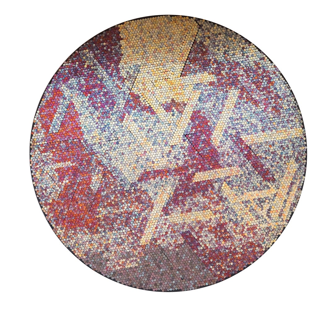 Yaw Owusu, Remnants, 2017, Treated copper coins on wood, 72 in diameter.