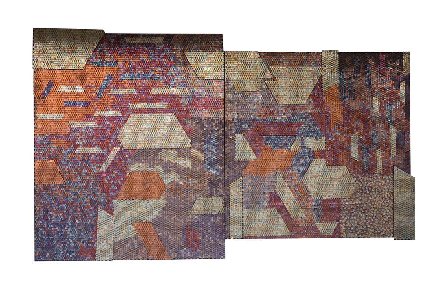 Yaw Owusu, Midpoint, 2017, Treated copper coins on wood, 72 x 120 in
