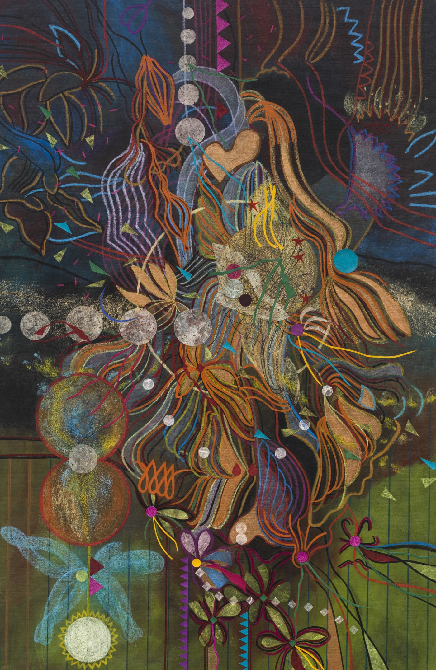 Tiffanie Delune Silence Talks, 2022 Acrylic, Oil Pastel, Mixed Papers and Glitter on Stretched Cotton Canvas 150 x 100 cm / 59 1/8 x 39 3/8 in