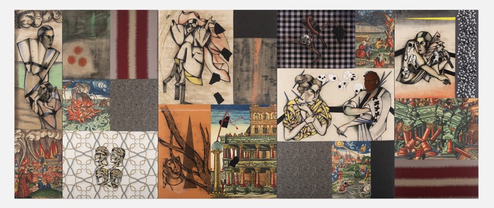 Anju Dodiya Rehearsal for an Apocalypse Charcoal, watercolour and acrylic on fabric combine (5 panels) 96” x 234” 2018