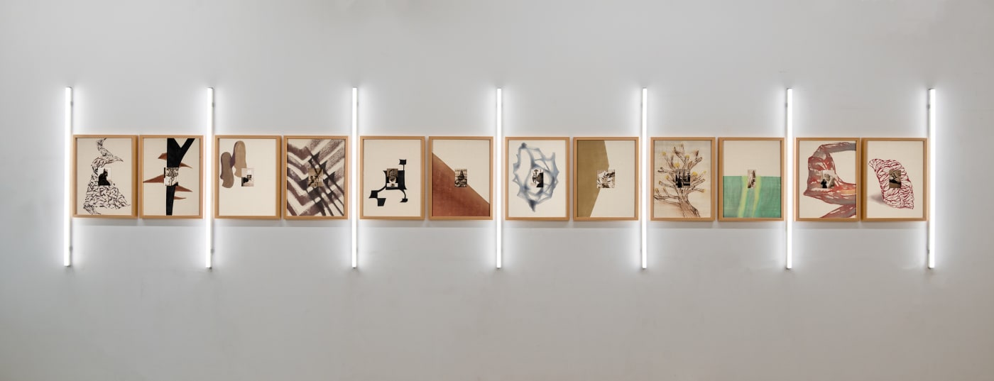 Anju Dodiya Each Hand Was a Storm Installation with 12 unique (6 pairs) framed archival digital prints on Hahnemühle bamboo paper, with painted fabric mounts; with 7 tubelights Each frame: 22.25 x 17.25 in | 56 x 43.4 cm Overall length: 230 in | 584 cm 2023