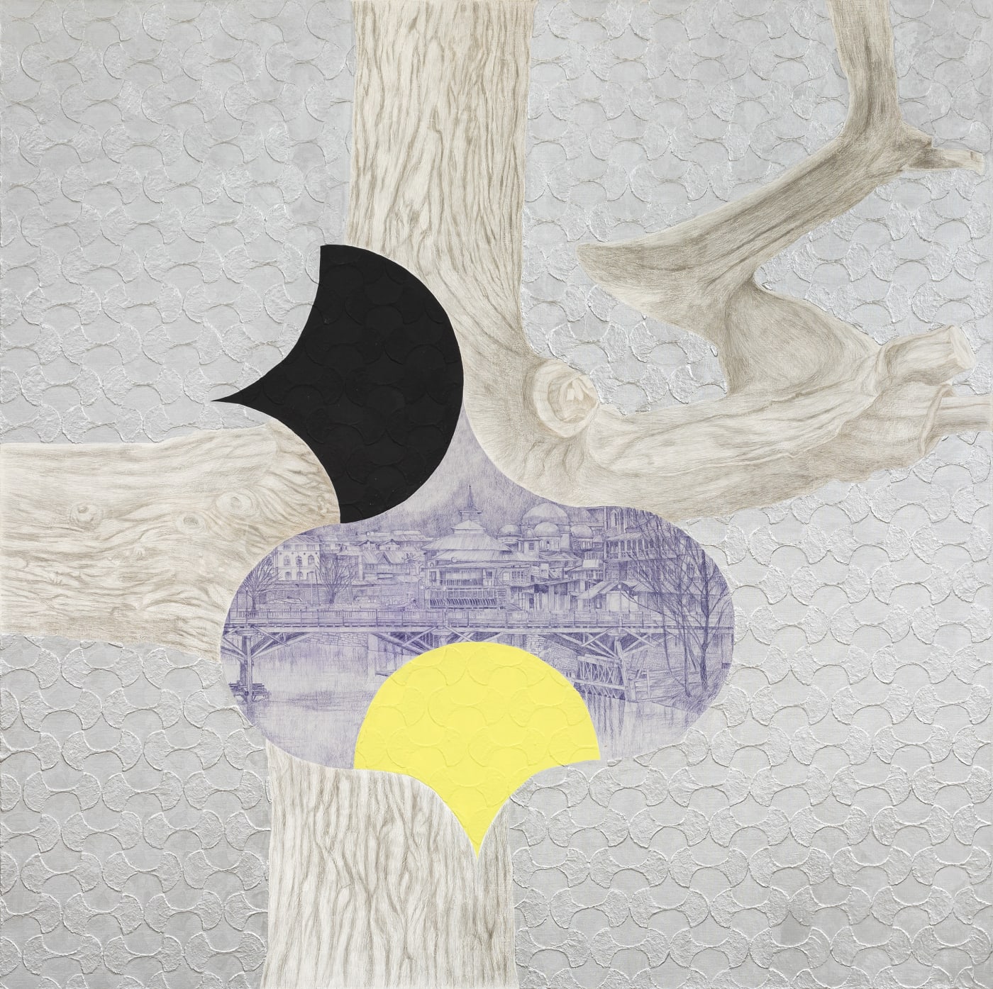 Praneet Soi An oak-tree, a Bulbul and a Srinagar nocturne Silverpoint, acrylic and gel on linen canvas 59 x 59 in | 150 x 150 cm 2023