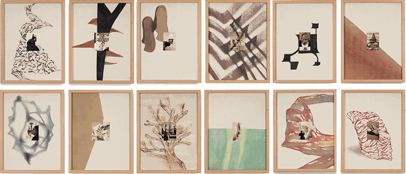 Anju Dodiya Each Hand Was a Storm Installation with 12 unique (6 pairs) framed archival digital prints on Hahnemühle bamboo paper, with painted fabric mounts 22.25 x 17.25 in each 2023
