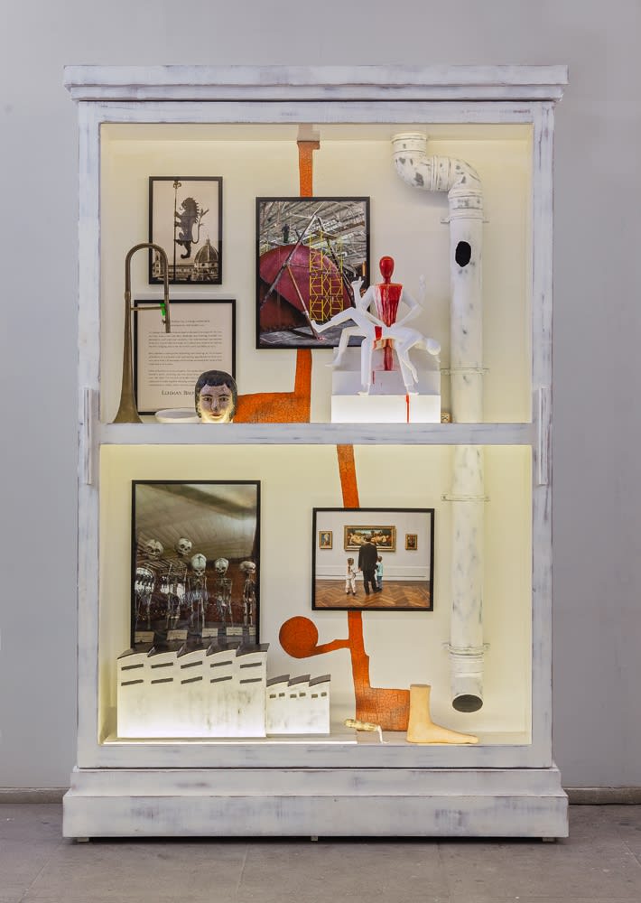 Atul Dodiya Cabinet - VI Wooden cabinet installation (treated with polyester putty and zinc powder) with photographs, sculptures, paintings and found objects 97 x 63.5 x 21.5 in 2014