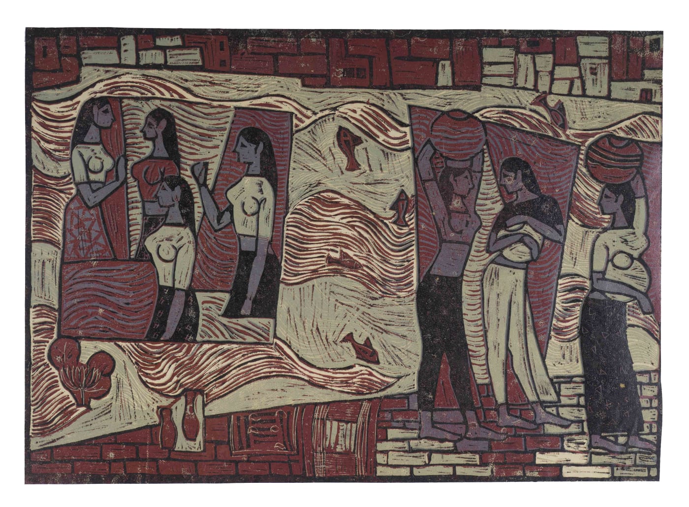 Gulammohammed Sheikh River, 1957 Linocut