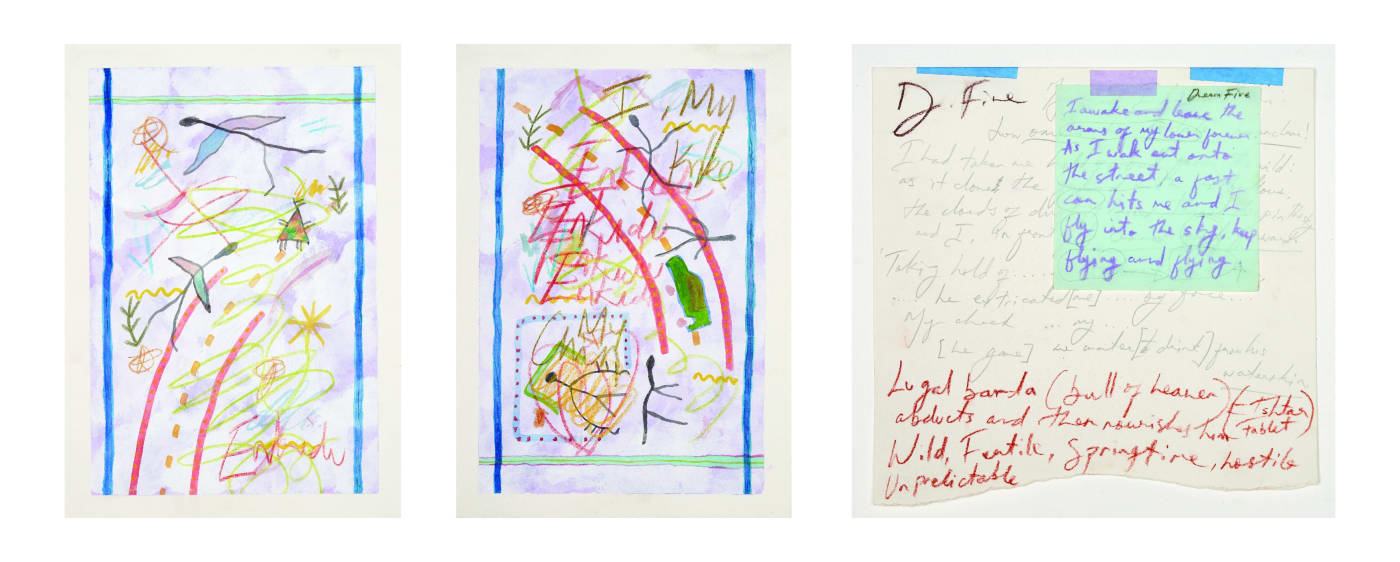 Areez Katki Oneiria: Night 5 (studies and annotations) Studies: Mixed media on cotton paper (watercolour, oil pastel) Annotations: Conte and graphite on found paper