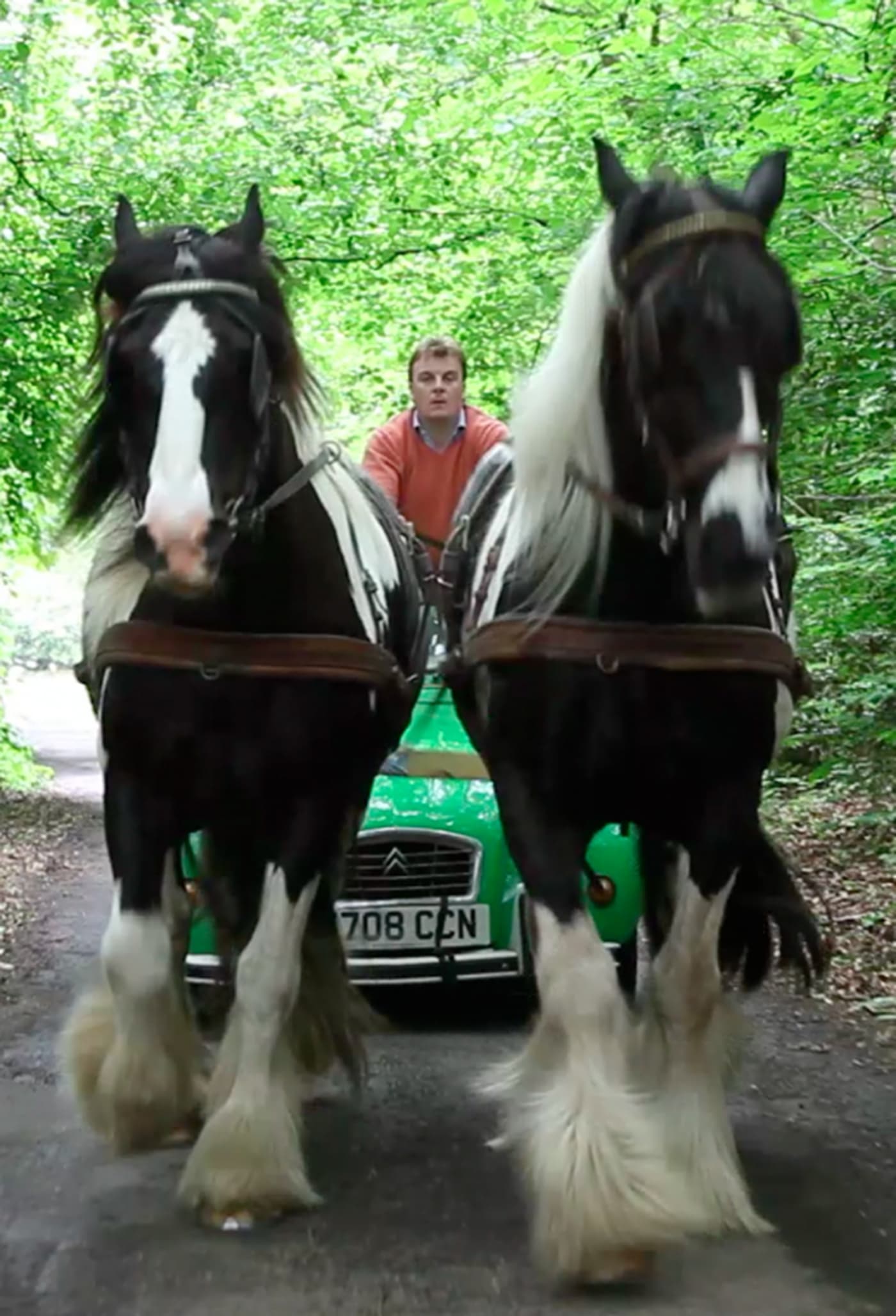 Deux Chevaux Performance piece, man riding a horses attached to a green car