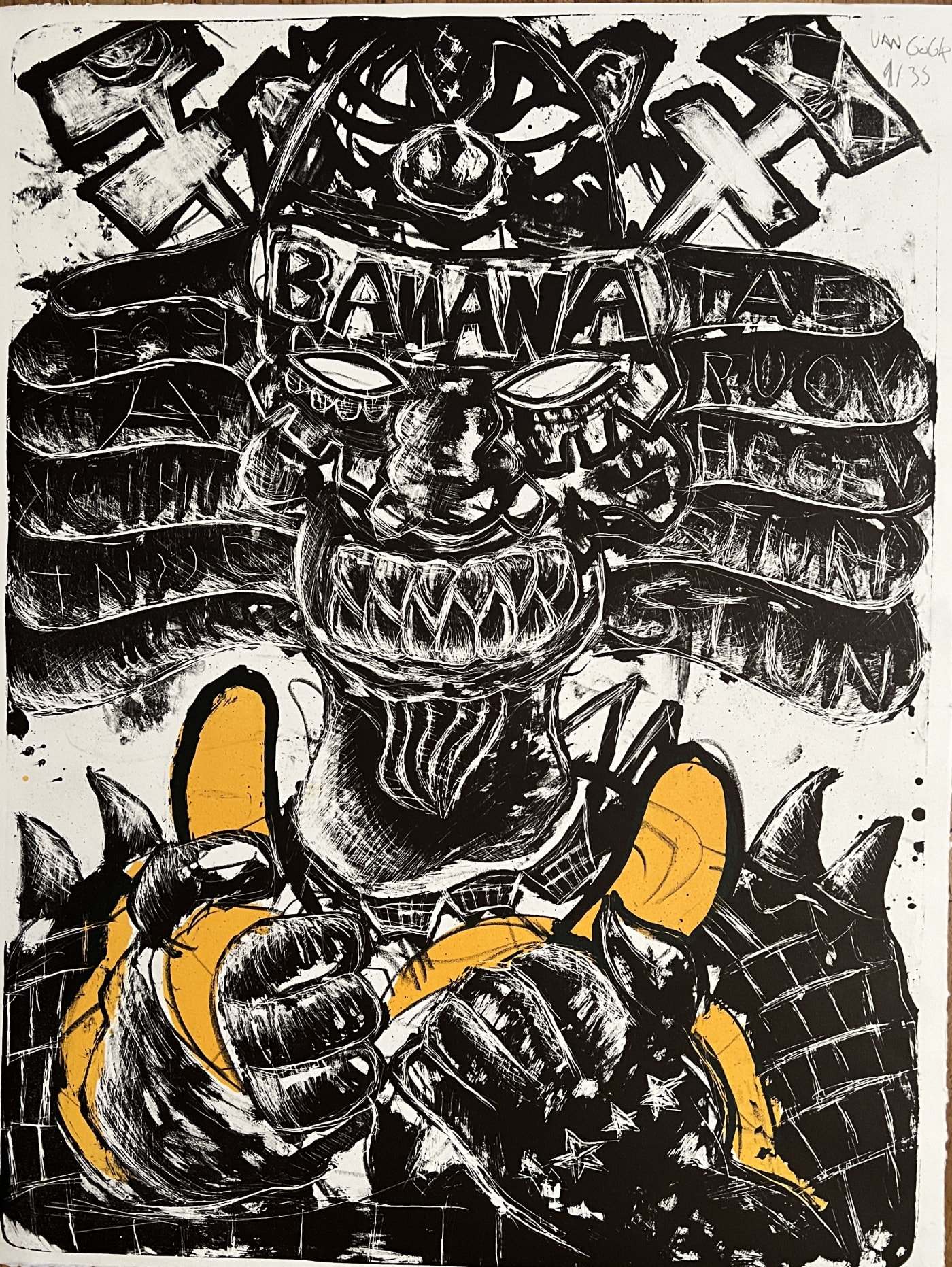 Banana Katana Orginal Lithograph Printed in two print runs Materials: BFK Rives Paper 240 gr Size: 65 cm x 50 cm / 25 5/8 x 19 3/4 in Edition: 1 - 35 Year: 2022 € 450,00 incl. VAT / excl. shipping Order here: https://therealvangogh.shop/products/banana-katana