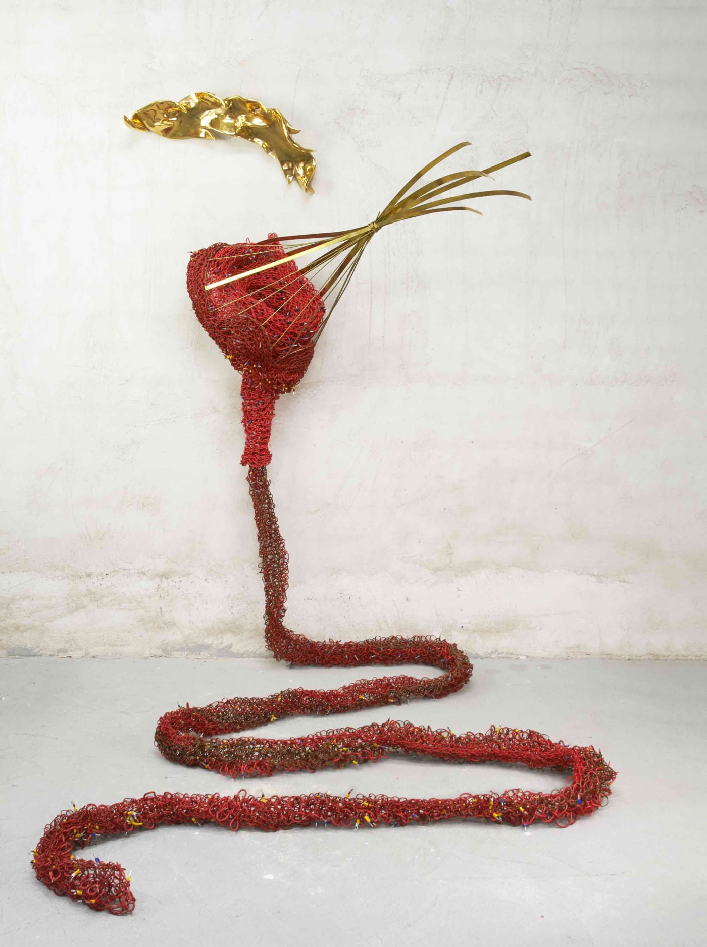 La Desollada / The Skinned, 2018, Brass, glazed ceramic, terminals, woven cable, 89" x 79" x 84"