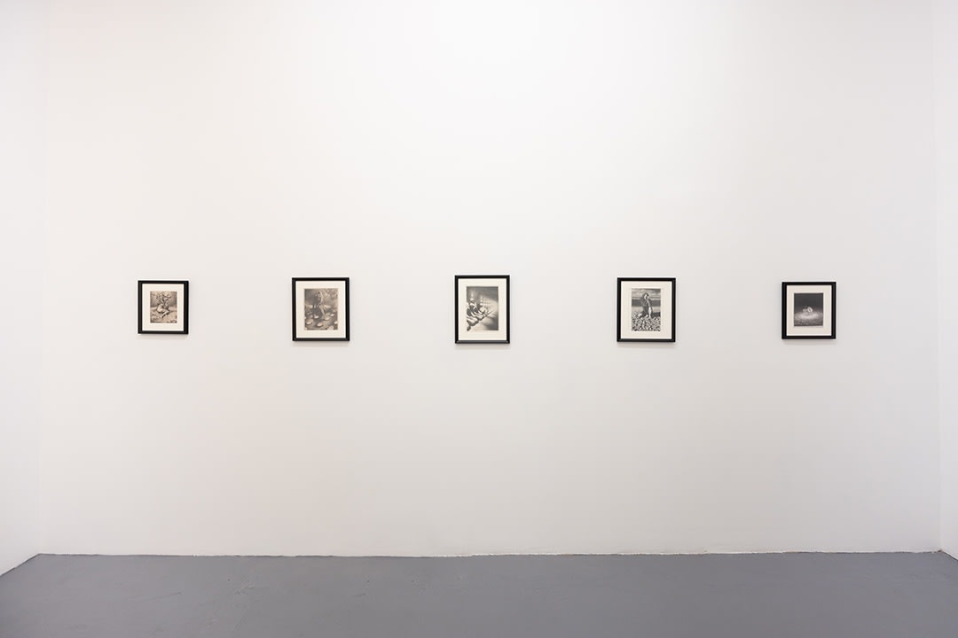 installation photo of black and white Miles Johnston drawings 
