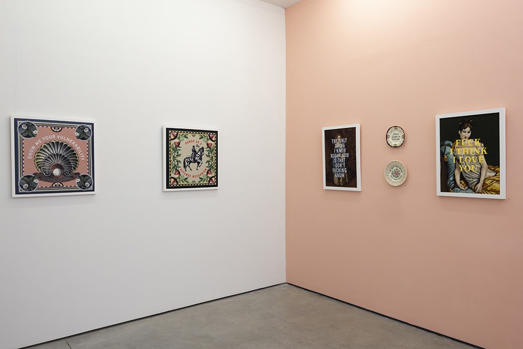 corner wall image of art pieces as part of the "Inner Romance" show from Marie Claude Marquis