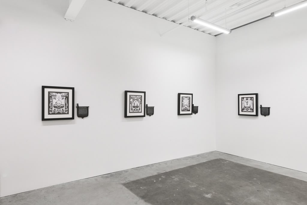 Installation view of Jeremy Fish's solo exhibition "The Moral Compass" at Harman Projects, SF. From left to right: "The Pig and The Sheep," "The Eagle and The Jackdaw," "The Fox and The Grapes," and "The Frog and The Mouse."