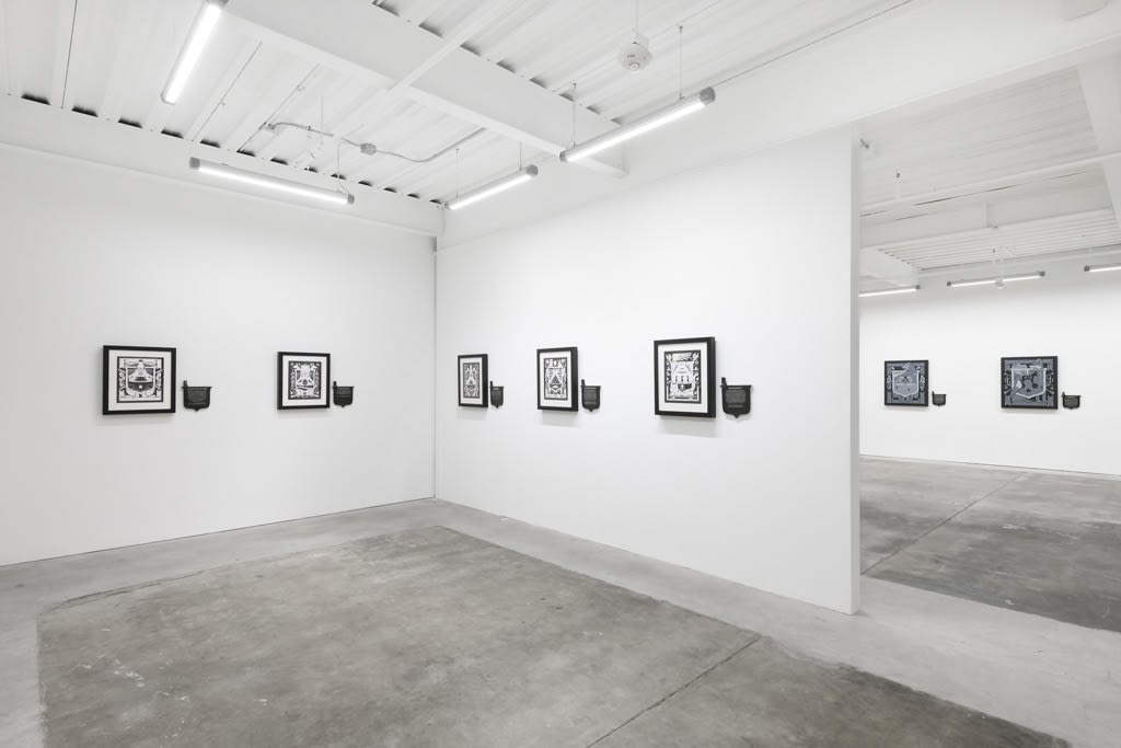 Installation view of Jeremy Fish's solo exhibition "The Moral Compass" at Harman Projects, SF. From left to right: "The Hares and The Frogs," "The Lion and The Ass," "The Young Crab and His Mother," "The Ass and The Driver," and "Belling the Cat," "The Be