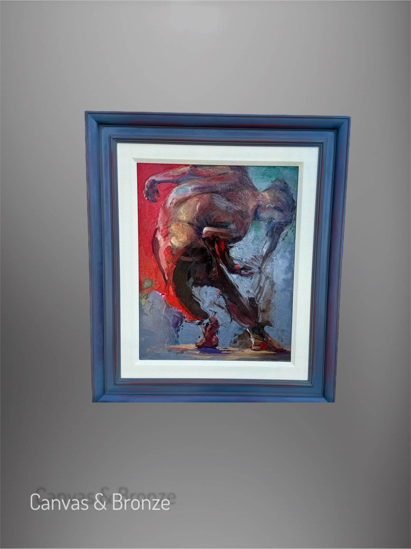 Abstract expressionist painting with dynamic brushstrokes and vibrant red, blue, and purple hues, framed in a blue frame.