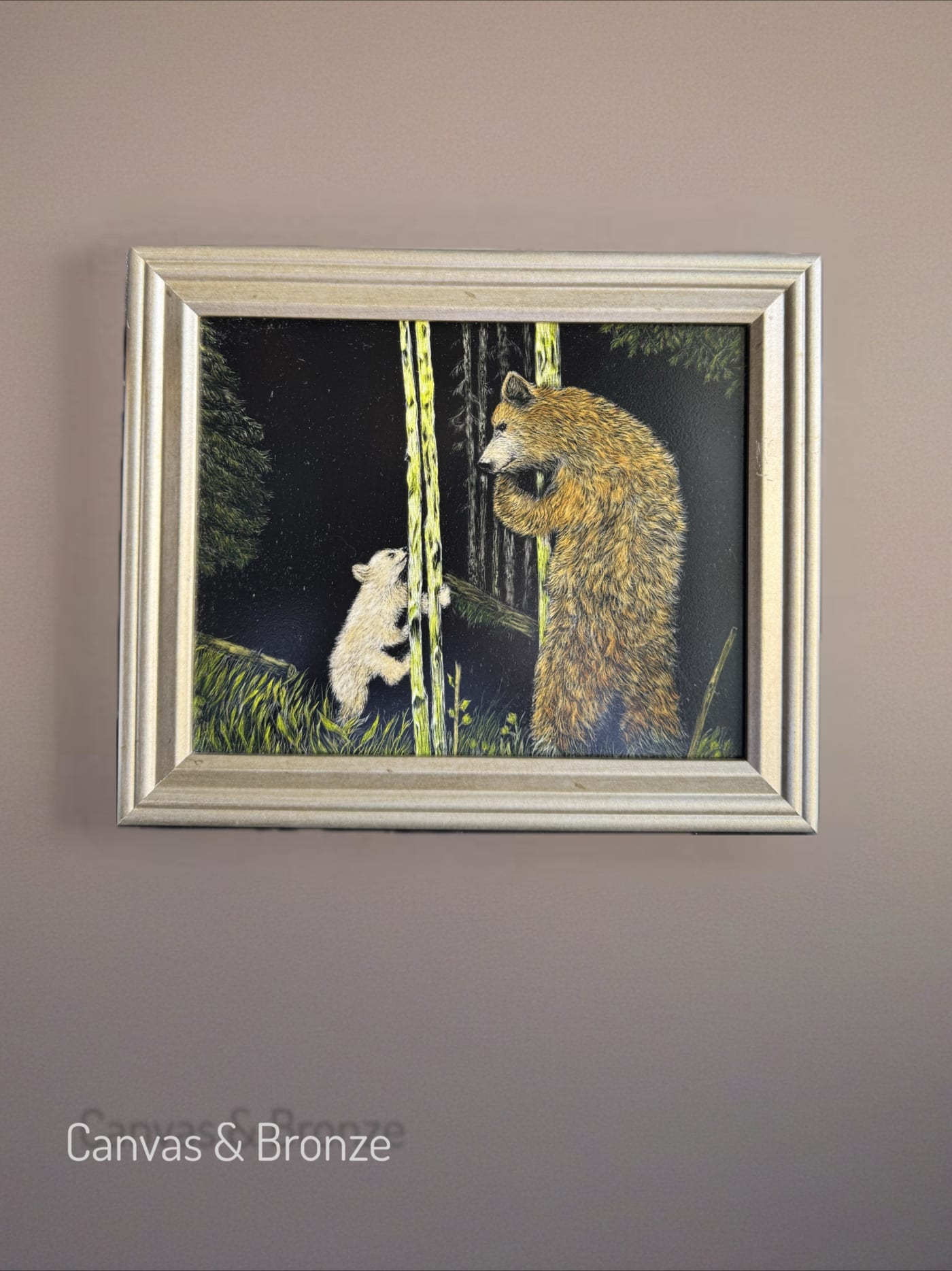 Anonymous, Canadian Scratchboard Etching - Mama Bear and Baby Climbing, 2019