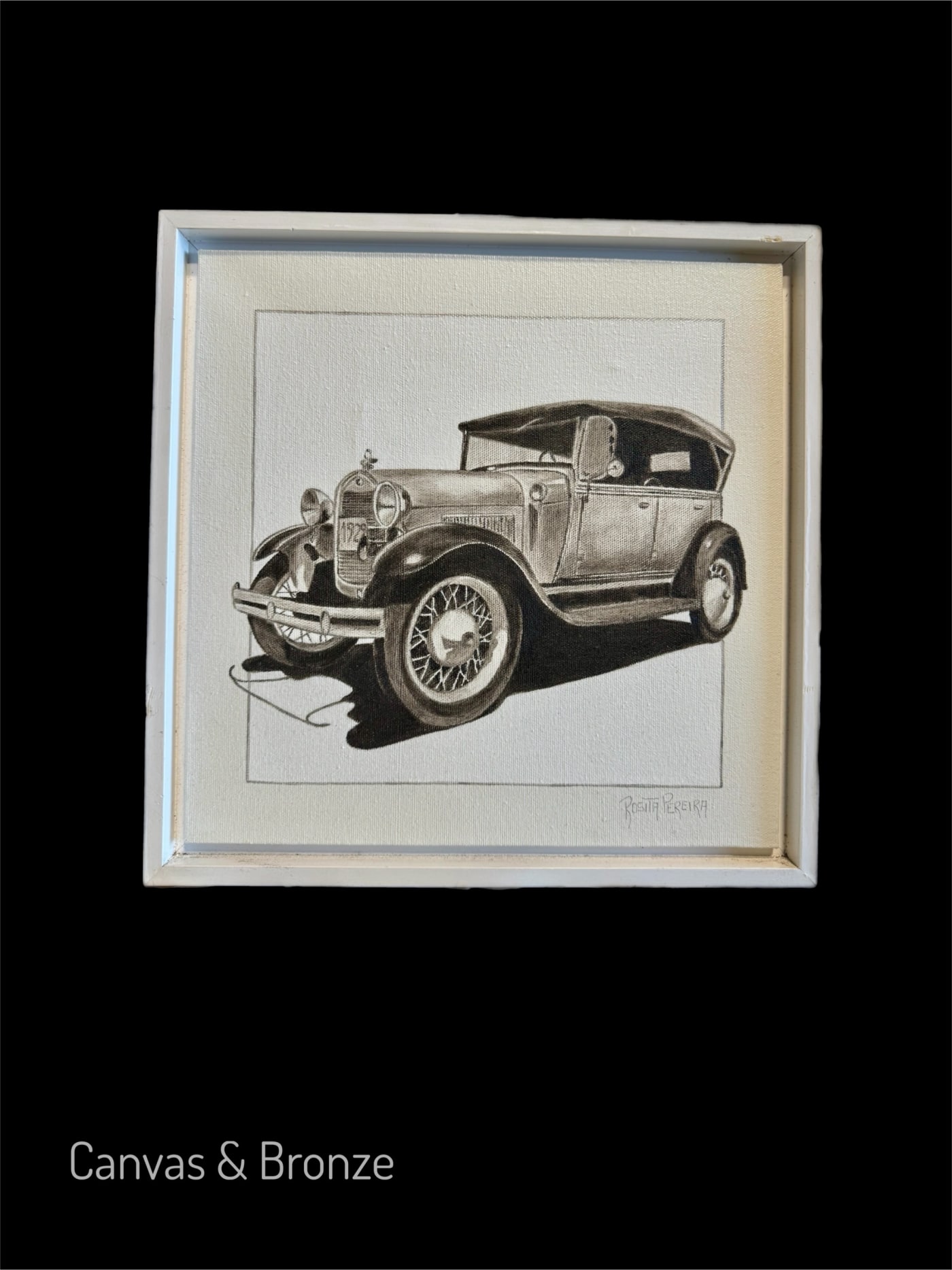 Black and white vintage car sketch in a frame on a black background.