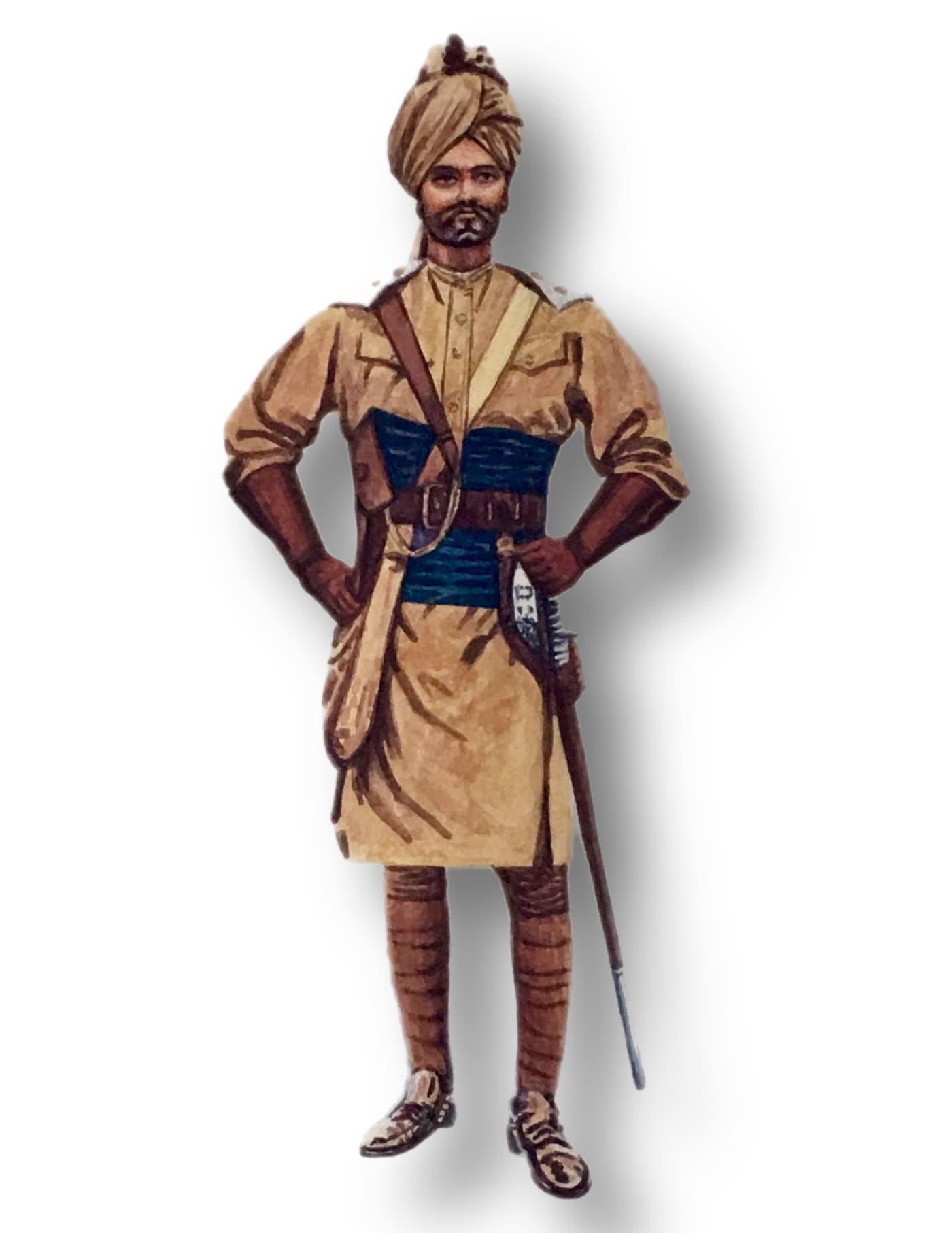 Illustration of a Sikh soldier in traditional uniform with a turban and sash, holding a rifle, showcasing historical military attire.