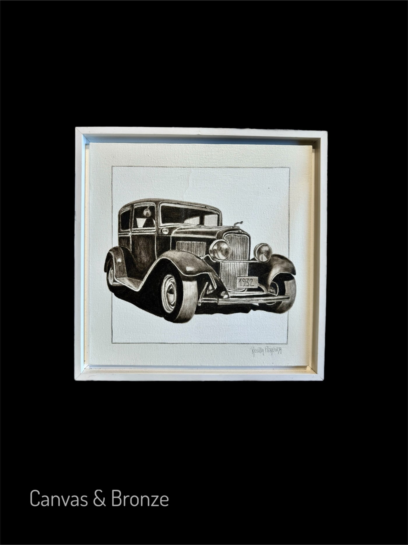 Black and white drawing of a vintage car, framed, displayed on a black background.