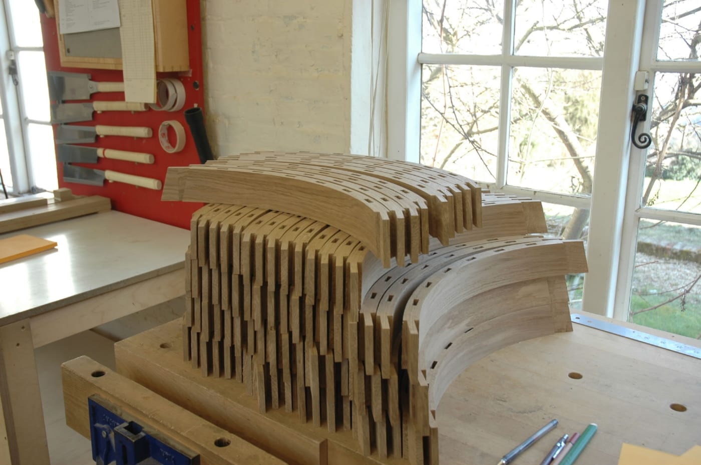 Because of the large number of chairs we were making, some of the components were processed in batches.