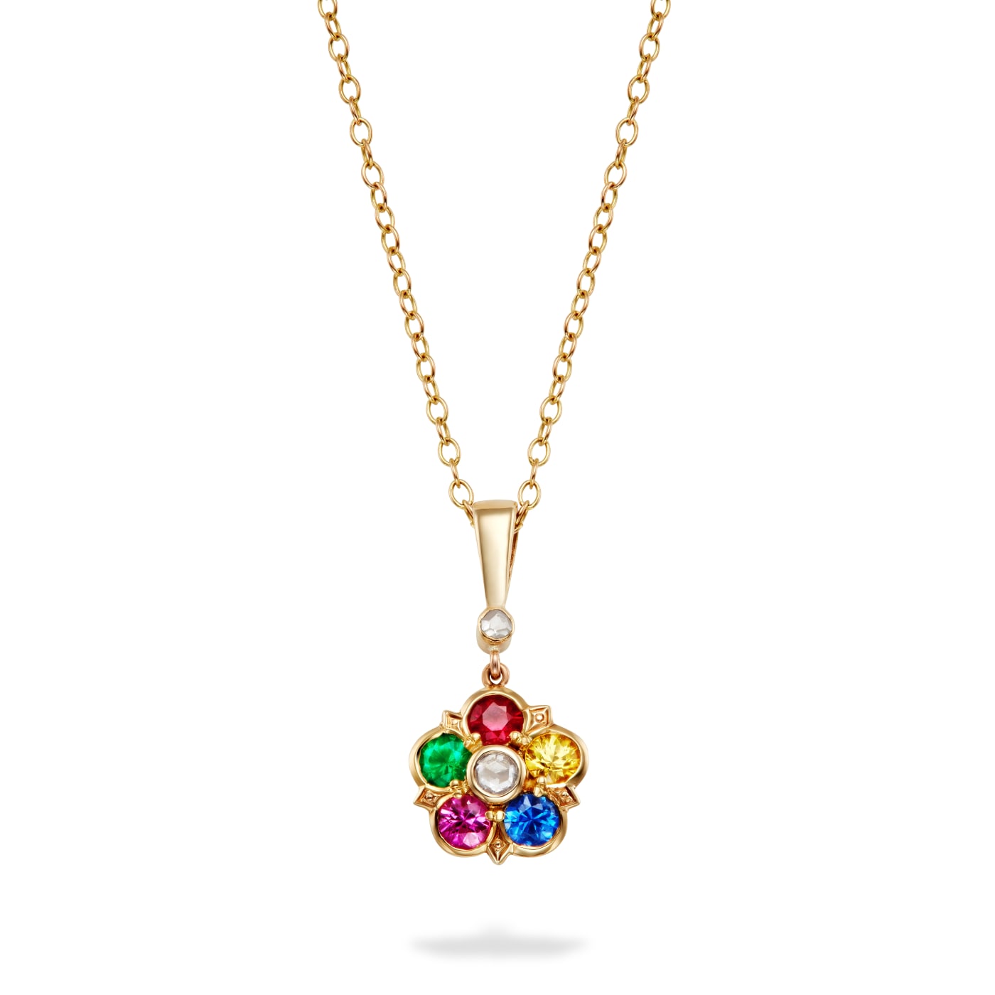 Aril Jewels Harlequin rose pendant necklace with multicoloured gemstones and rose-cut diamonds in 18k yellow gold. On white background.
