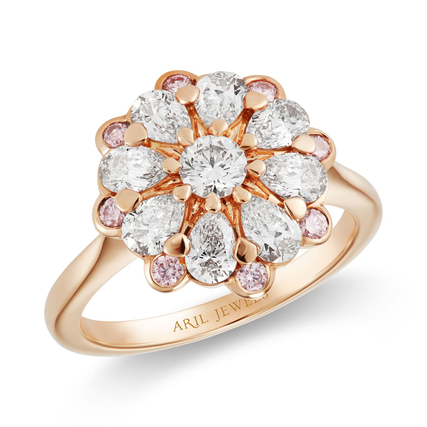 Ring featuring a central round brilliant diamond surrounded by pear shape diamonds, which is then surrounded by pink round diamonds set in 18 carat rose gold on a white background
