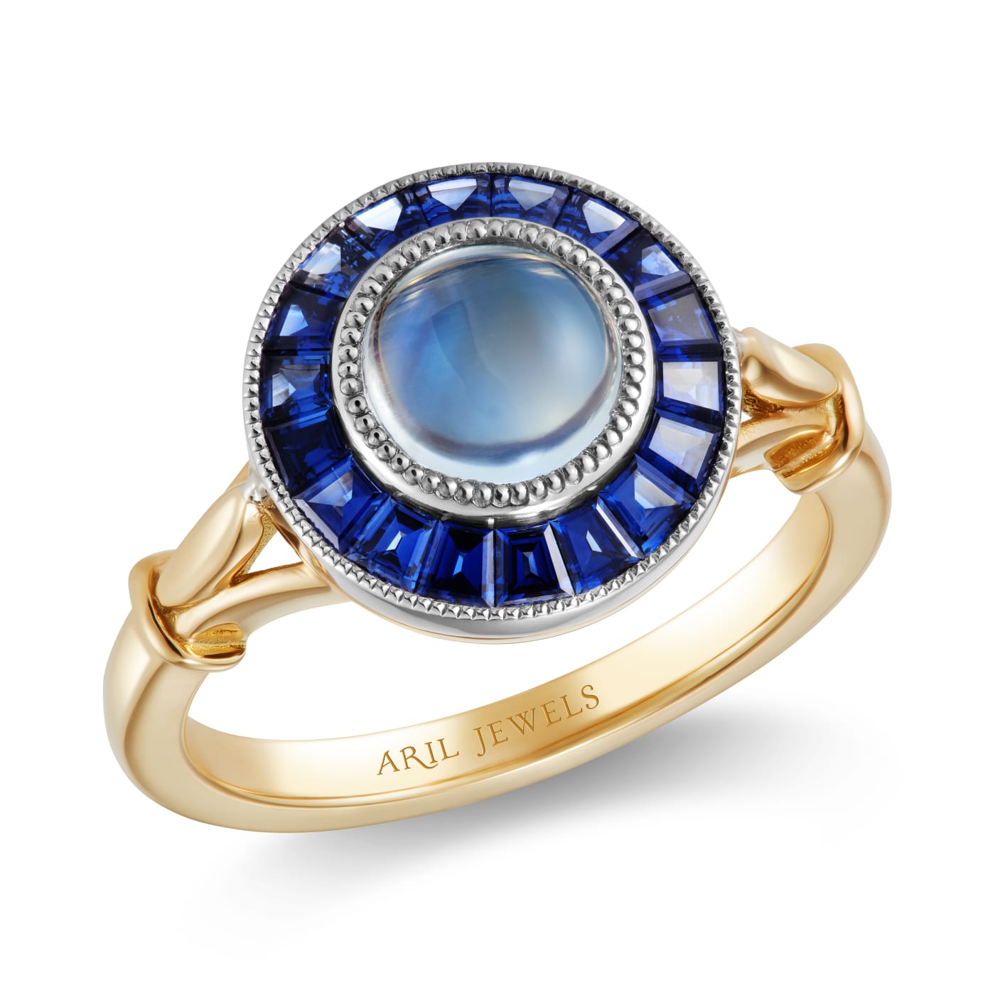 Aril Jewels rainbow moonstone & sapphire Target ring from Clara collection in an Art Deco inspired design with precision cut sapphires. Platinum. On white background