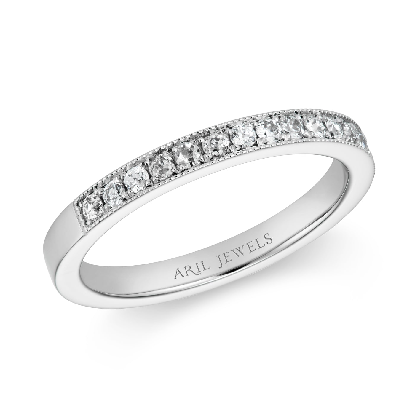 Platinum band and with diamonds set halfway down the band set with millegrain details