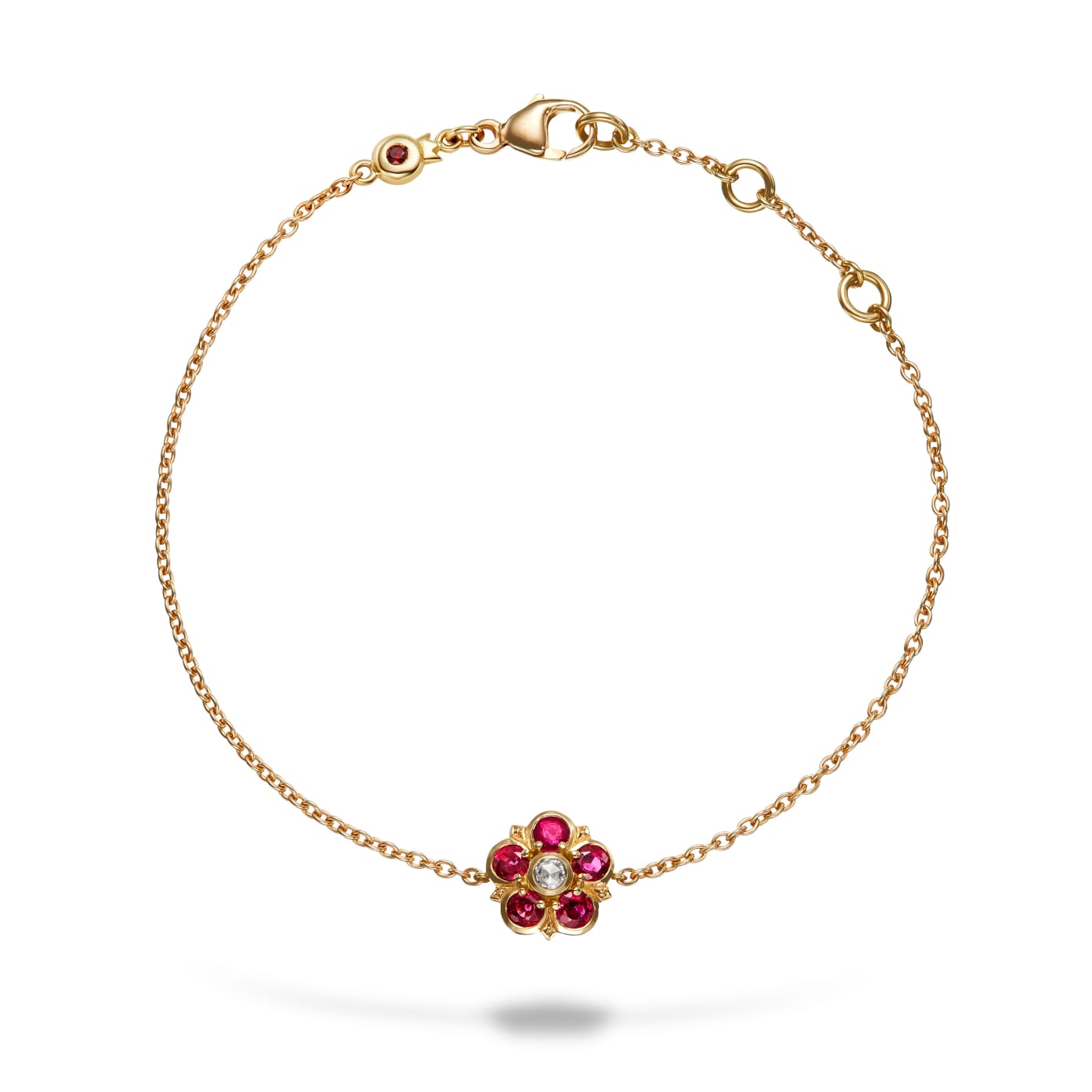Aril Jewels ruby and diamond rose bracelet from Elizabeth Collection with Elizabethan inspired rose design.
