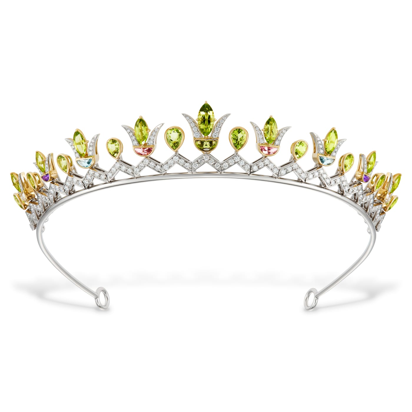 Peridot Lotus TiaRa on white background with Fuli peridot, diamonds, aquamarines, tourmalines and amethysts.