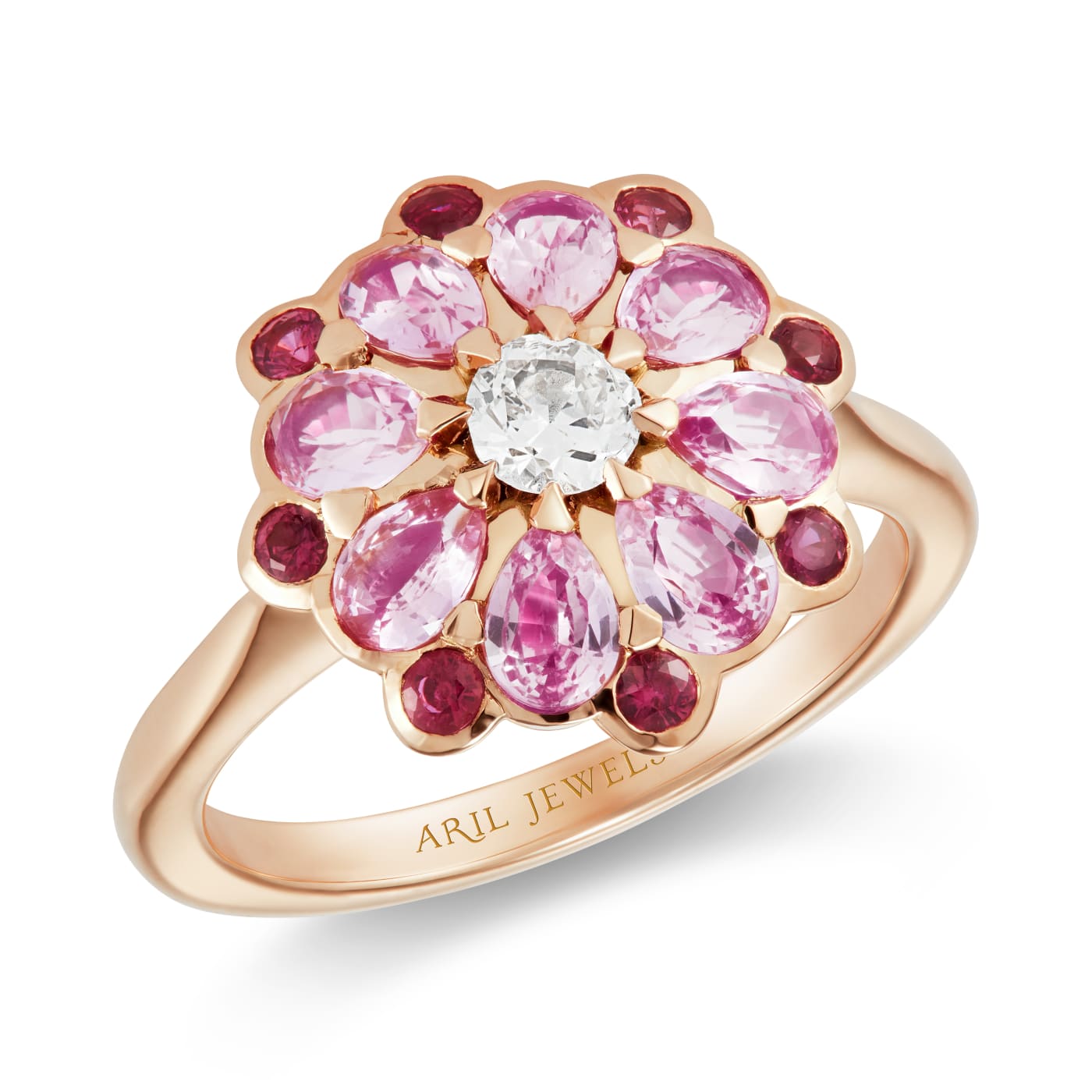 Aril Jewels pink sapphire, ruby and old cut diamond Rose ring from Elizabeth collection in an Elizabethan inspired Rose design. 18k rose gold. On white background