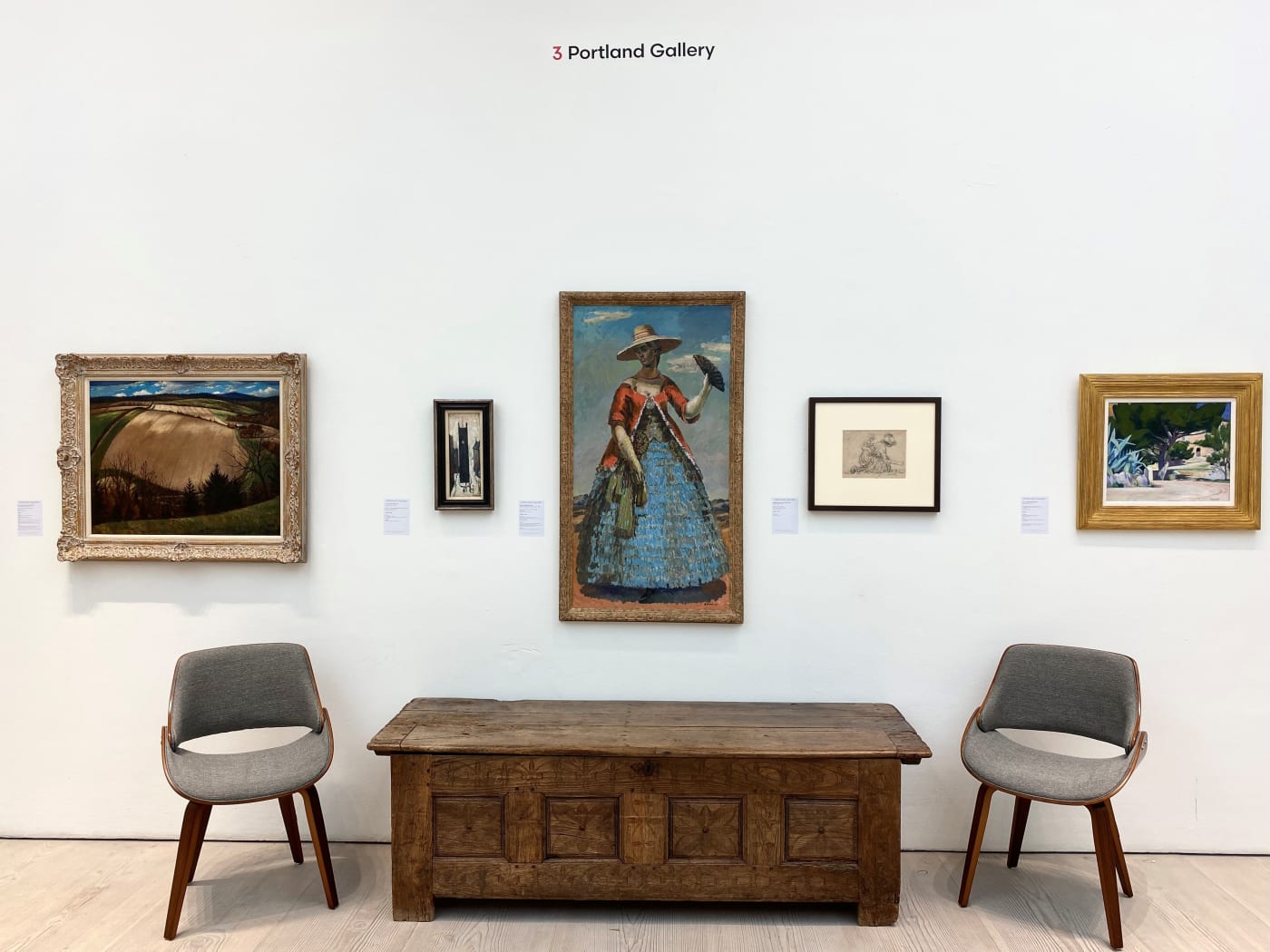 Installation view from the British Art Fair, stand 3. (Left to right: CRW Nevinson, LS Lowry, Duncan Grant, Augustus John, FCB Cadell)