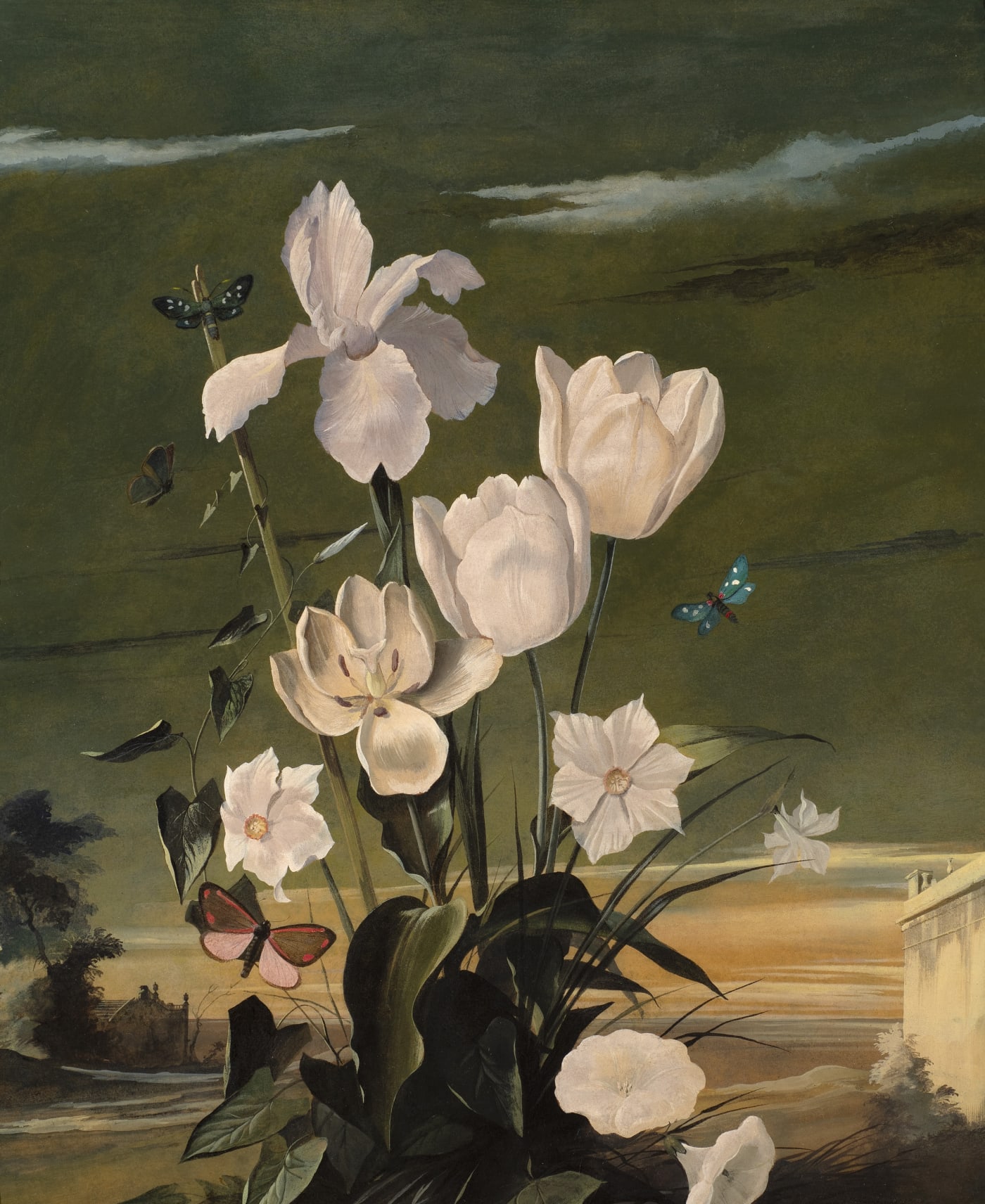 Roy Hobdell (1911-1961), Still-Life: Iris, Narcissus, Tulips and Convolvulus, with Moths