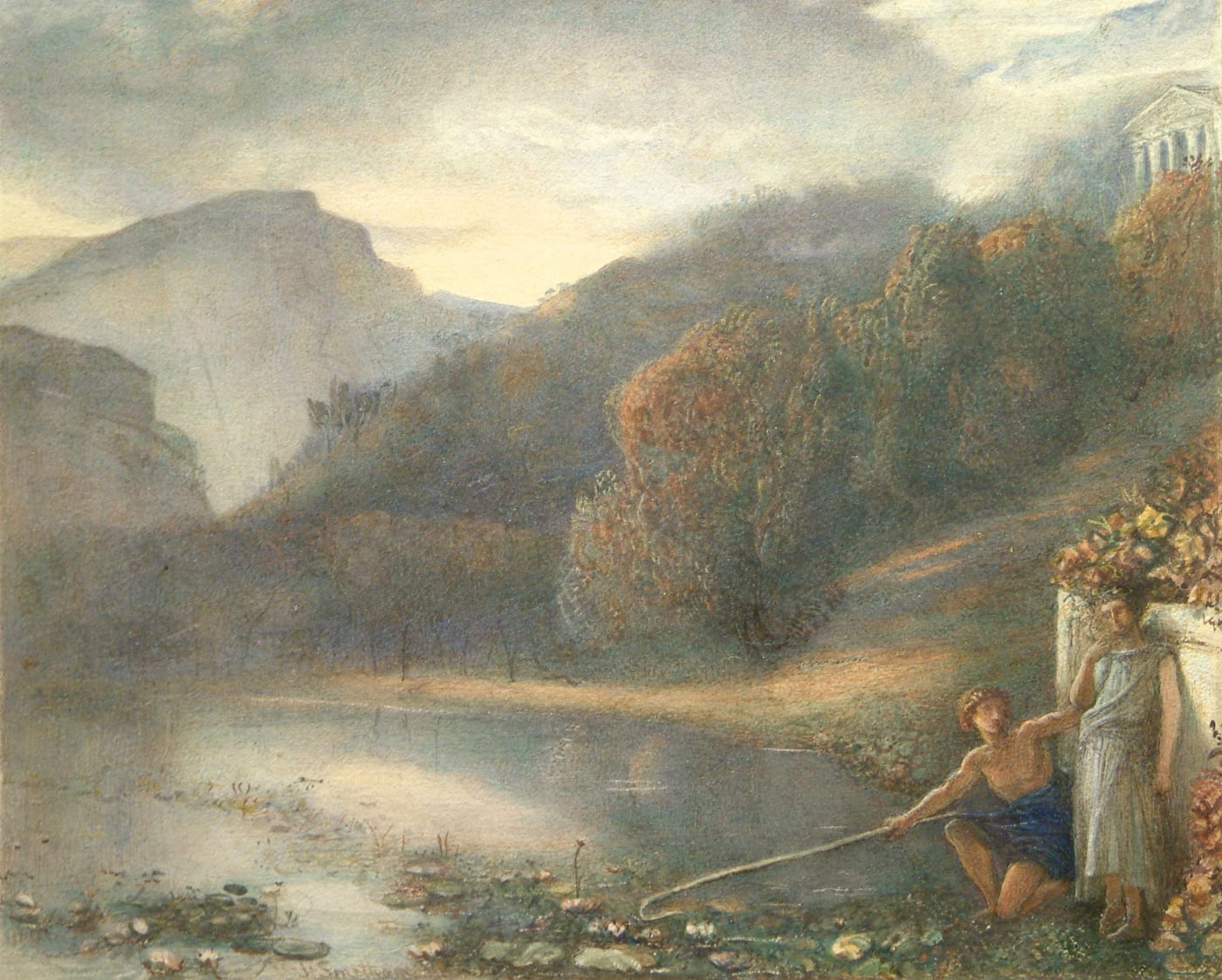 James Smetham (1821-1889), Landscape with a Temple and Pastoral Figures