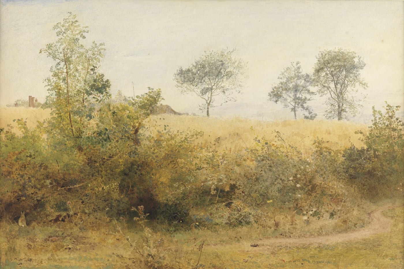 John William North (1842-1924), 'The bat begins with giddy wing' - Barley Field over the Hedge