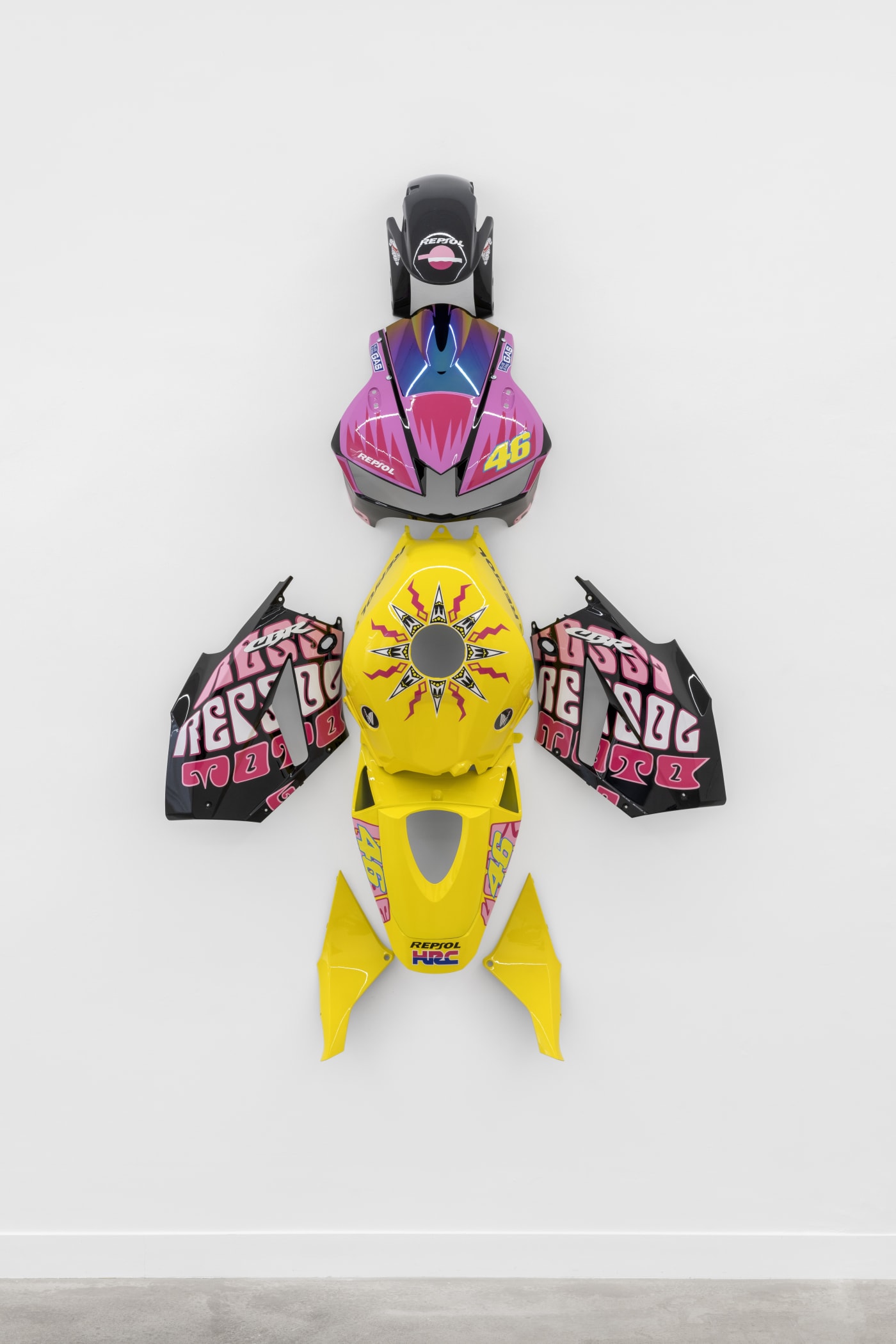 Julien Boudet Super CBR 46, 2023 Disassembled motorcycle parts 213 x 130 x 28 cm. 84 x 51 x 11 in.