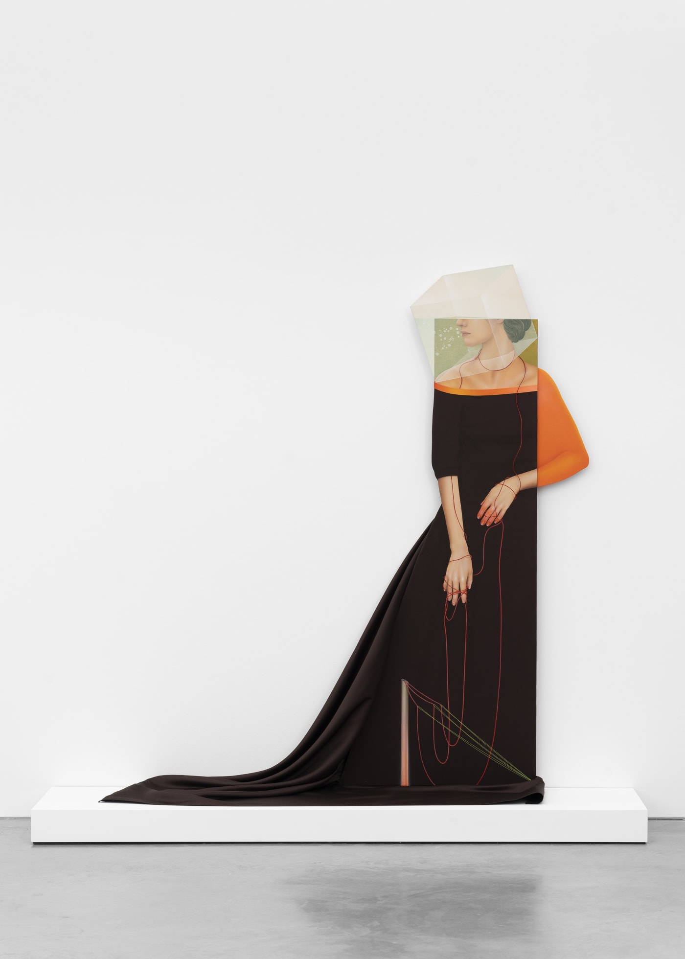 Arghavan Khosravi The Glass Box (2), 2021 Acrylic on canvas and found textile over shaped wood panel, leather cord 181 x 160 x 40 cm 74 x 59 x 2 in.
