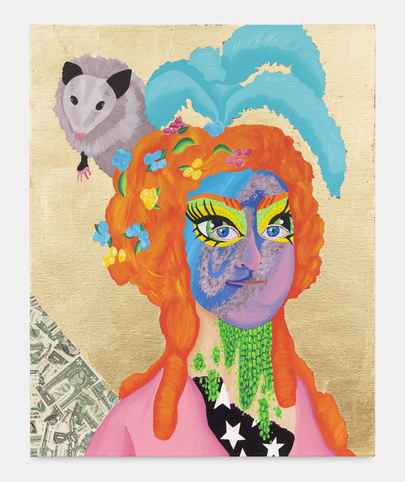 Bailey Scieszka Old Put with Spiral Jetty Face Paint, 2020 Acrylic, gold lead, and dollar bills on linen 76 x 61 x 4 cm. 30 x 24 x 1½ in.